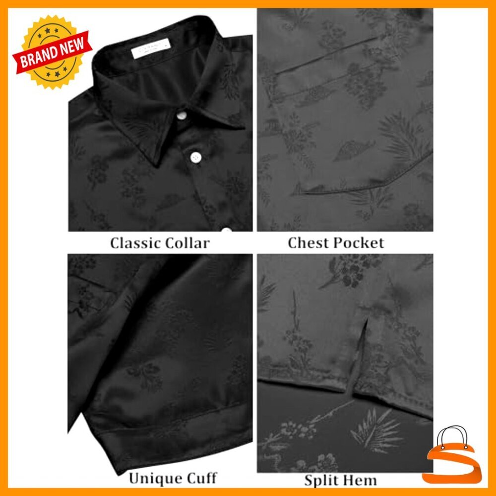 Silk Satin Button Down Shirt Short Sleeve Loose Fit Jacquard Design Summer - Picture 6 of 7